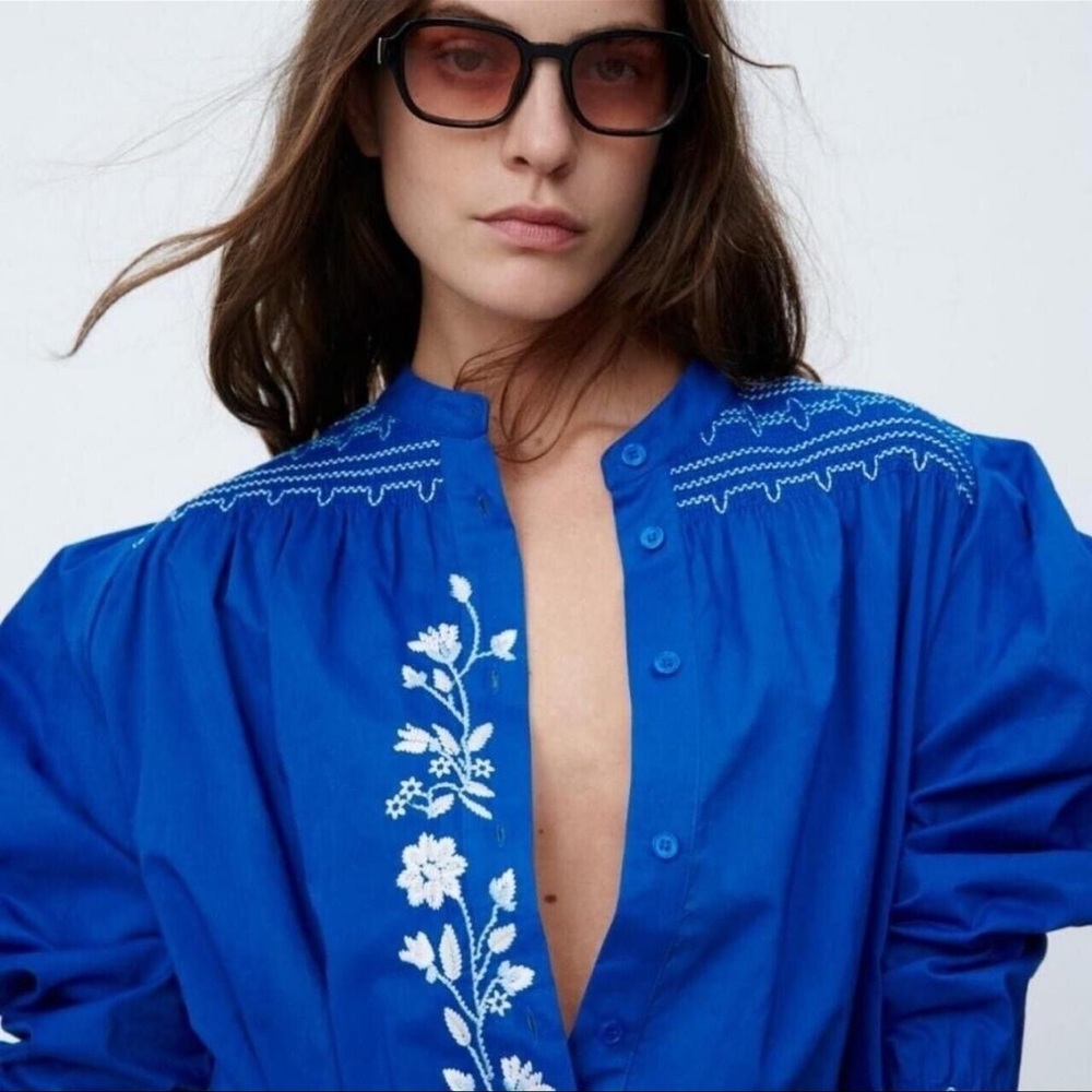 ZARA- Smocked Embroidered Top, Extra Small